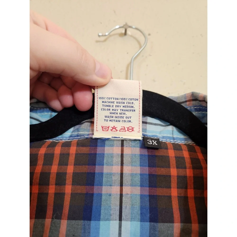 True Religion Western Shirt‎ 3X Blue Orange Plaid Contrast Stitch Long Sleeve